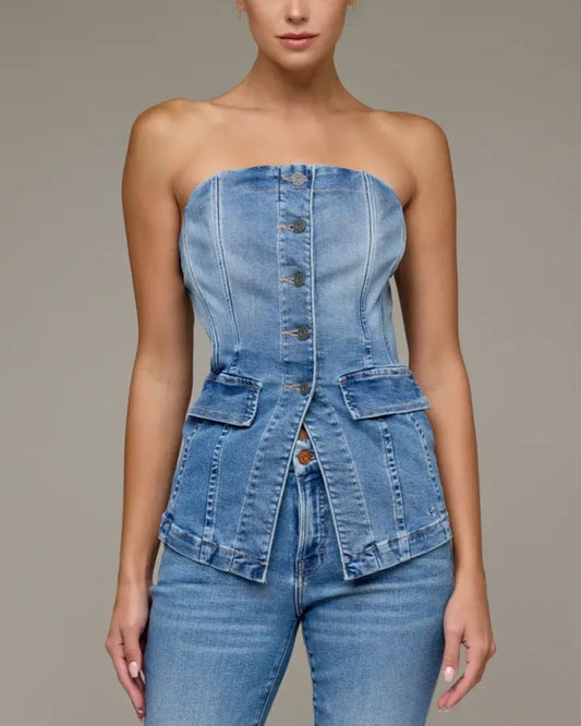 Denim Strapless Button Up Tuxedo Top