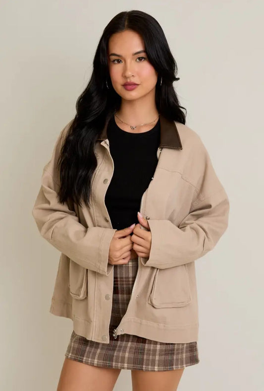 Washed Barn Jacket with Leather Collar- Oversized