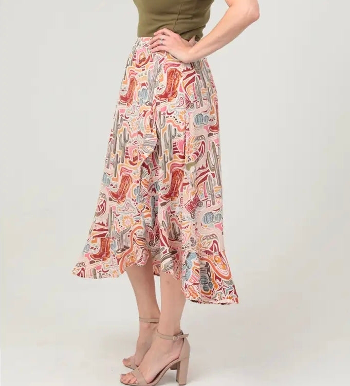 Western Print Ruffle Slit Skirt