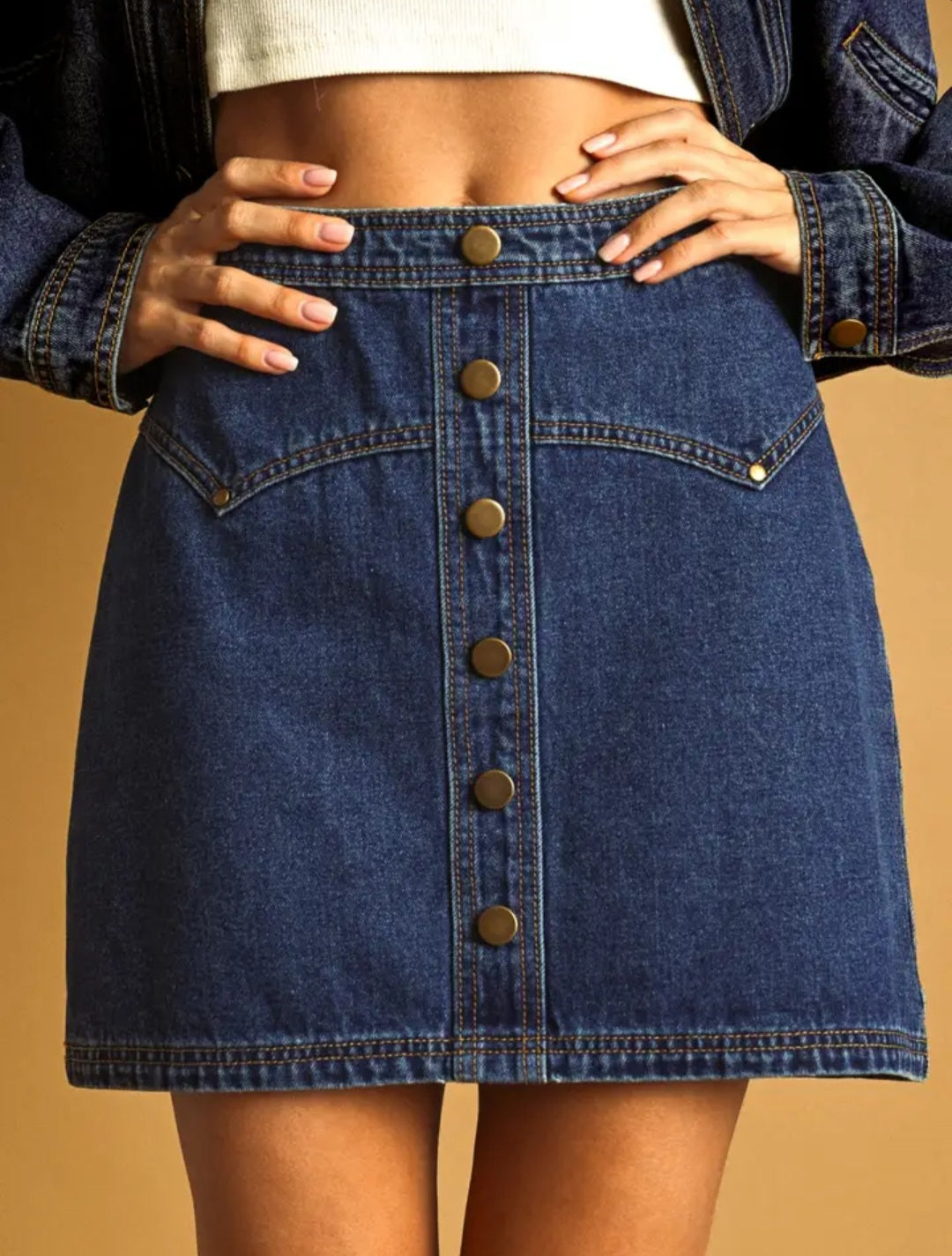 Button Front Detailed Indigo Denim Skirt