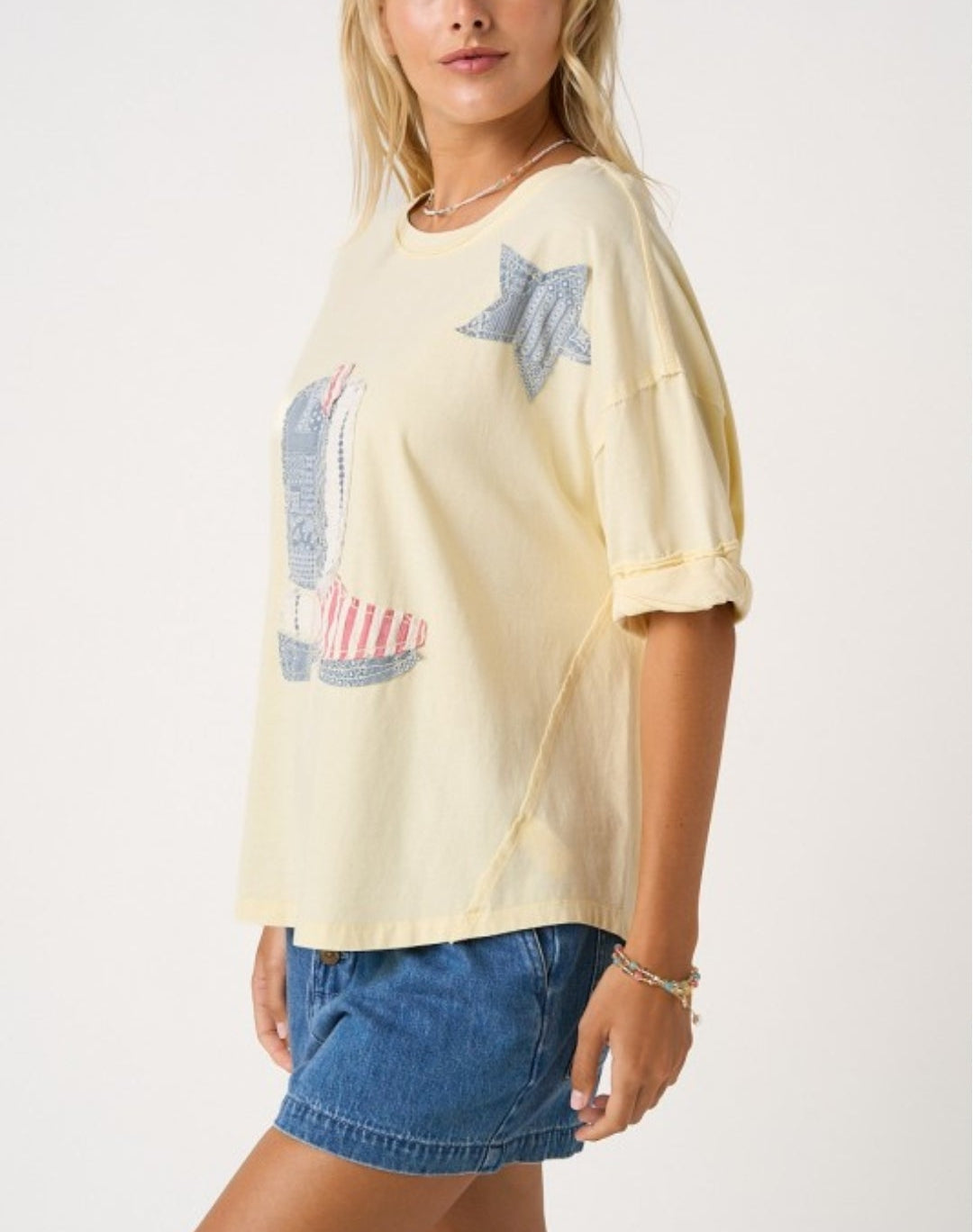 COWBOY BOOT PATCHWORK SHORT SLEEVE TOP