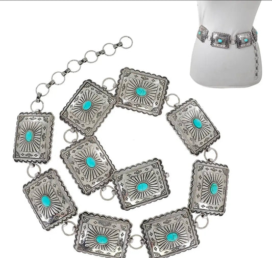 Western Rectanale Turquoise Semi-Stone Chain Link Belt
