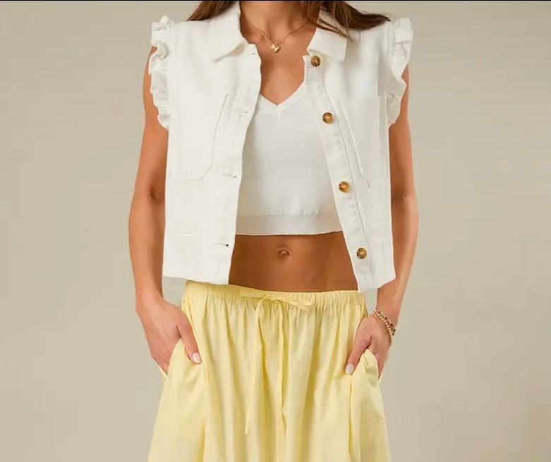 Ruffle Sleeve Button Down Twill Vest