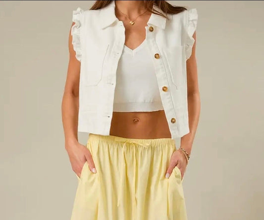 Ruffle Sleeve Button Down Twill Vest