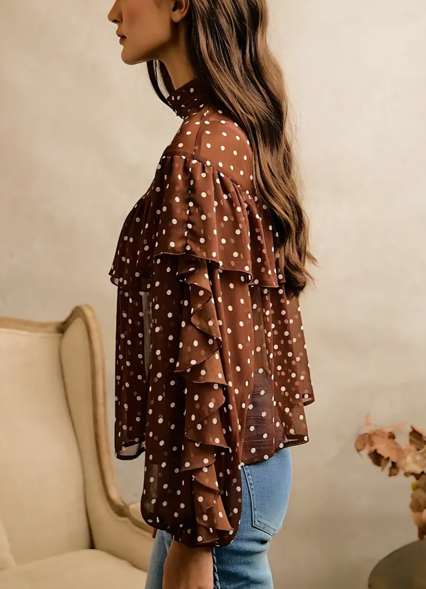 Polka Dot Chiffon Ruffled Tier Long Sleeves Blouse Top