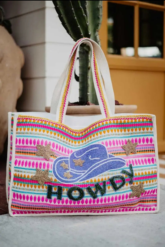 Howdy Cowgirl Hat Striped Tote Bag
