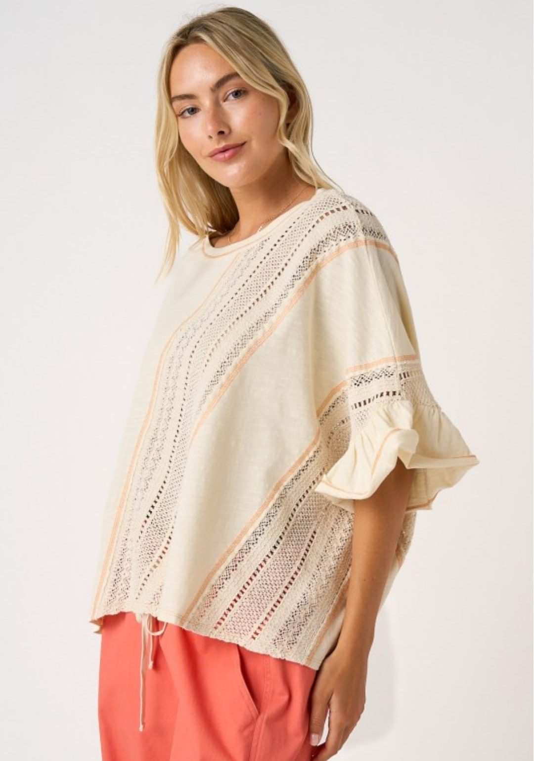 CROCHET CONTRAST STITCH RUFFLE DOLMAN SLEEVE TOP
