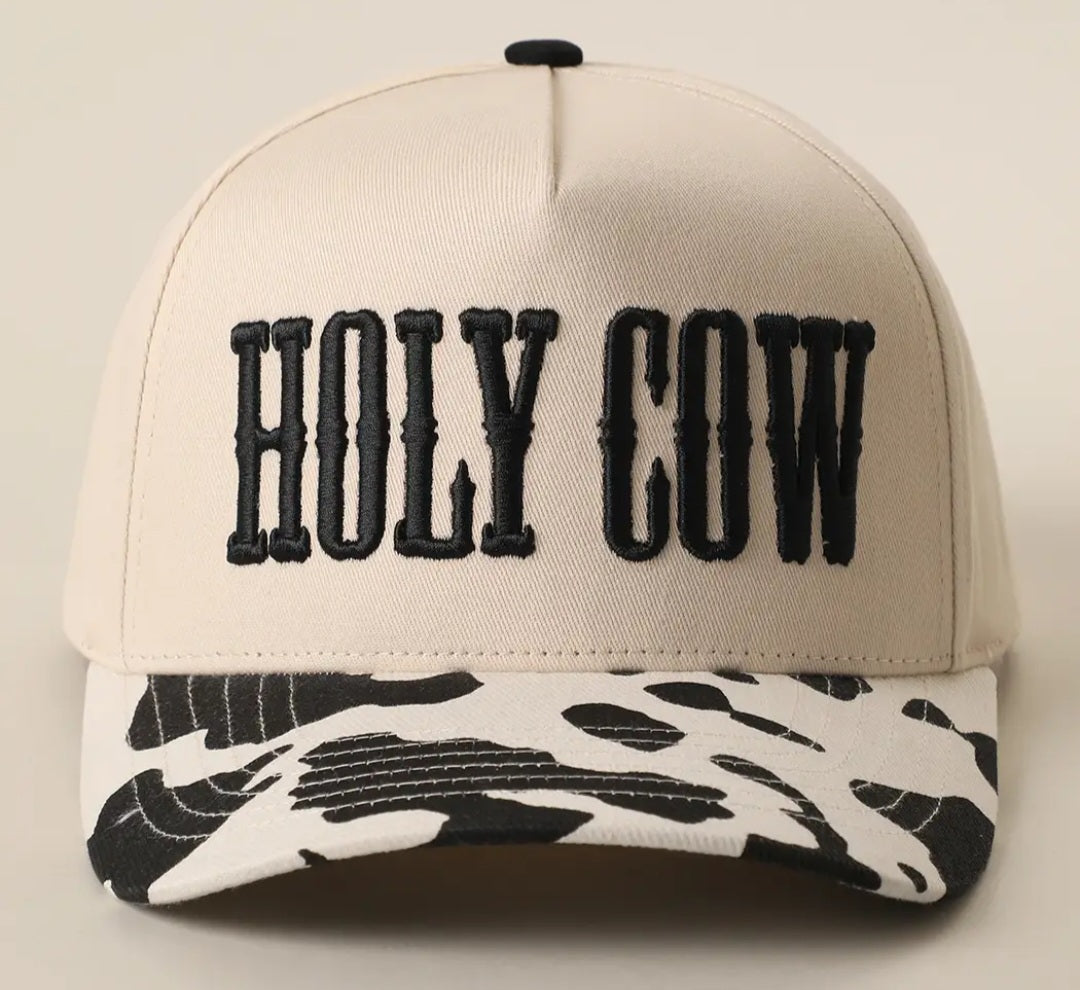 "HOLY COW" Embroidered Cow Print Brim Trucker Hat