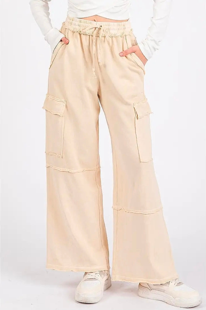 Mineral Wash Elastic Waist Cargo Wide Leg Pants