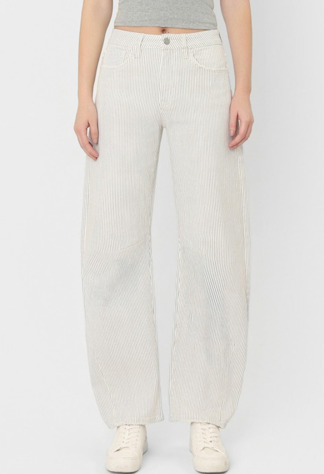 HIGH RISE DART DETAIL STRIPED CROP BARREL JEANS