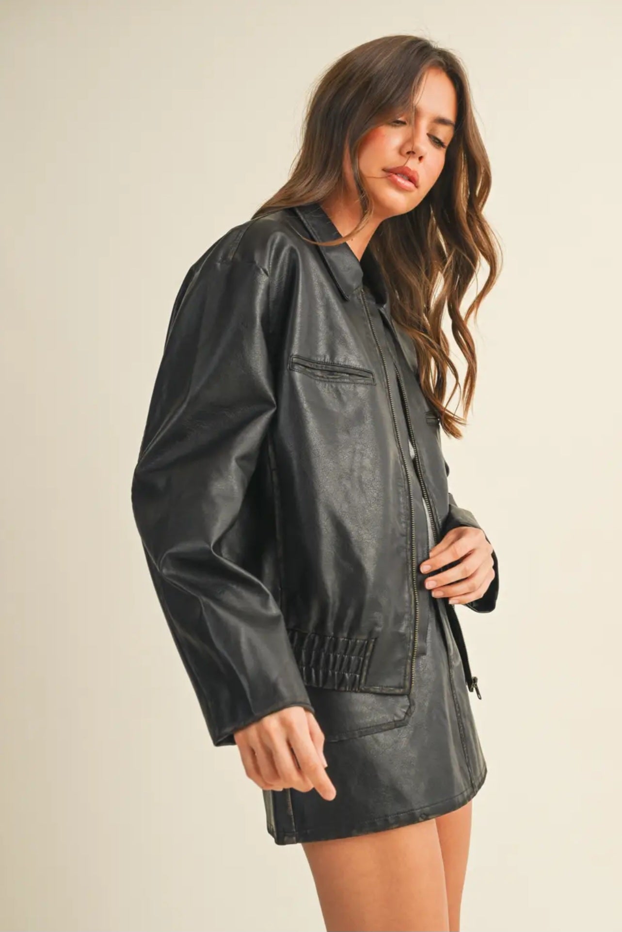 Washed Leather Zip Up Jacket