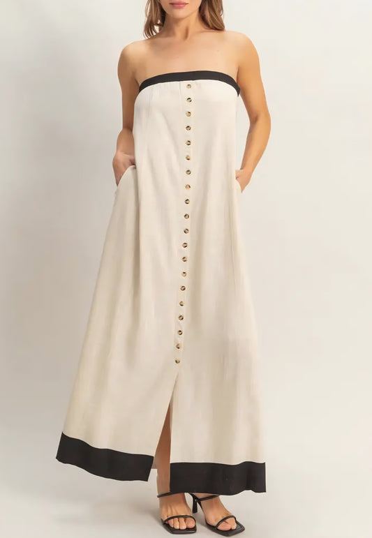 Strapless Button-Front Maxi Dress