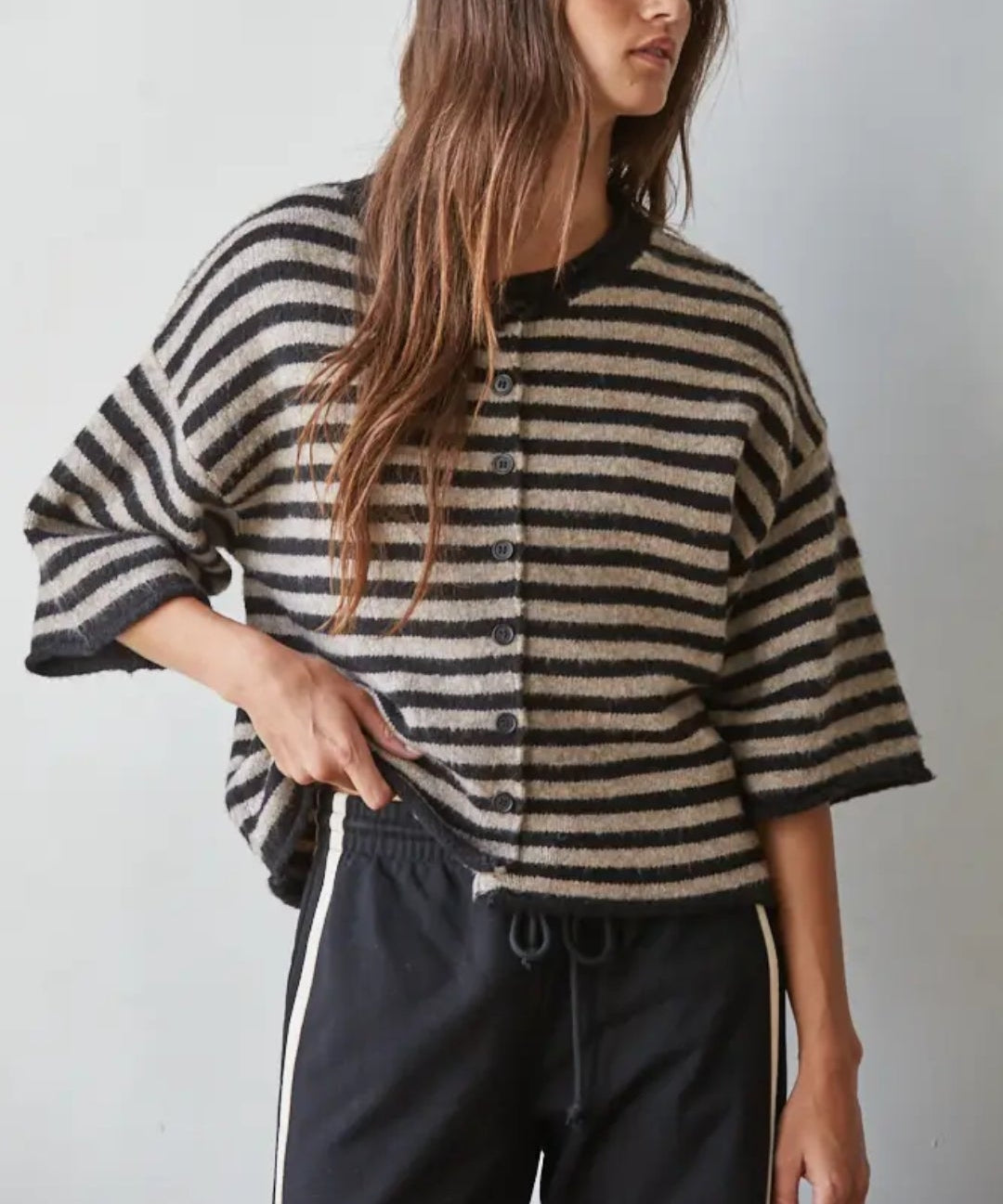 Knit Sweater Striped Short 3/4 Sleeve Cardigan