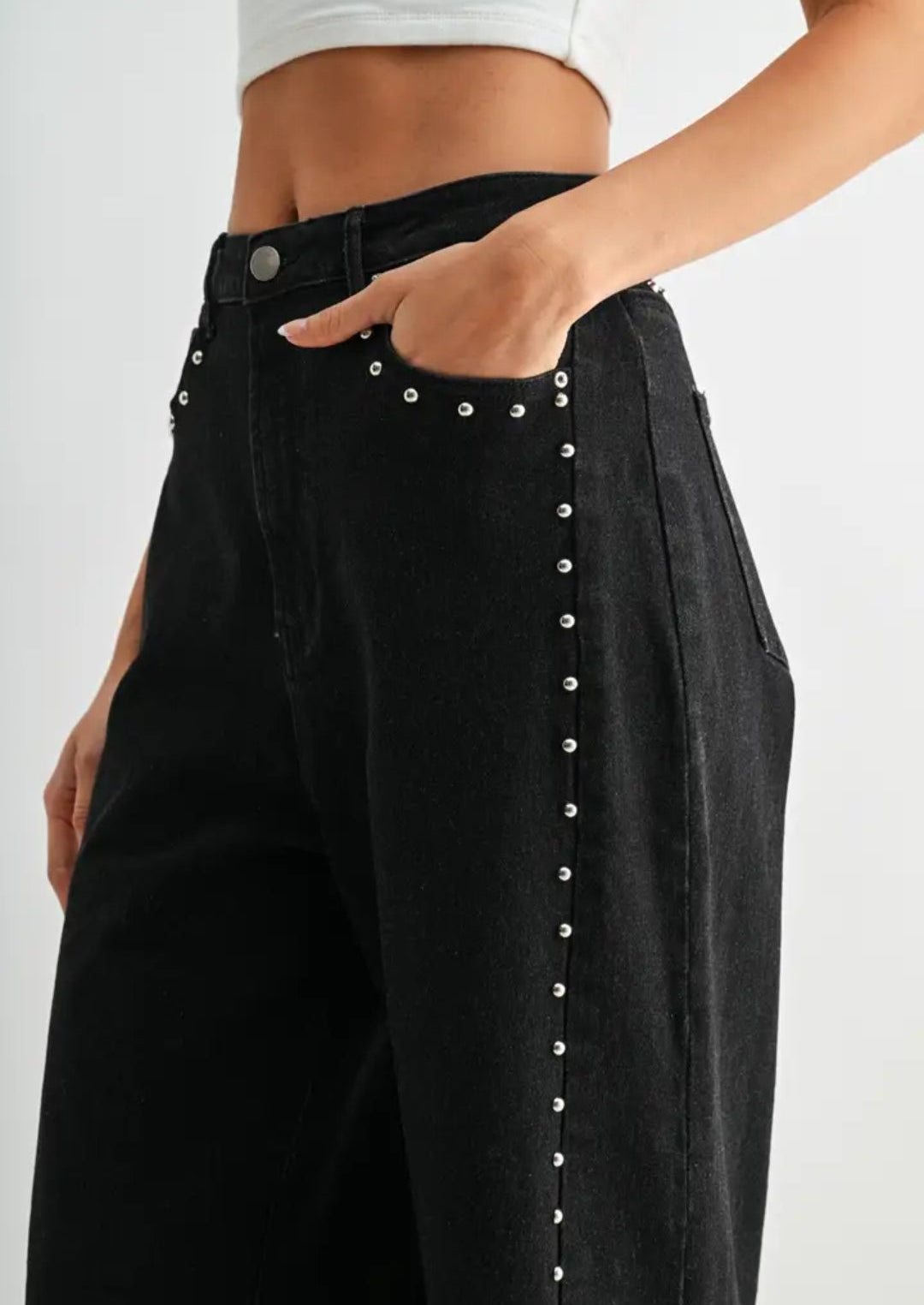 Black Wide-Leg Denim Stud Pants