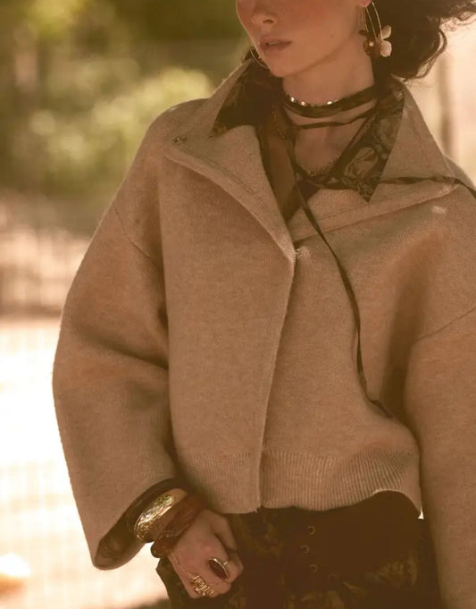 Solid Knit Snap-Front Wrap Sweater Jacket