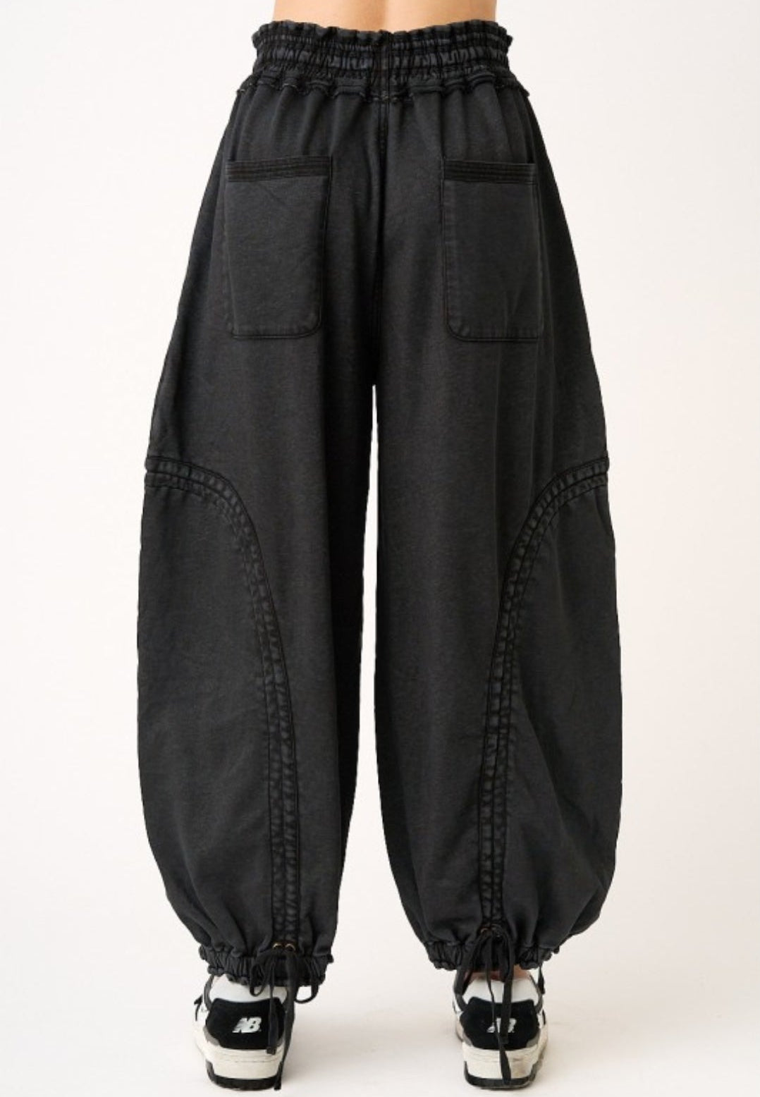 BLACK WASHED FRENCH TERRY DROP POCKET BALLOON PANTS
