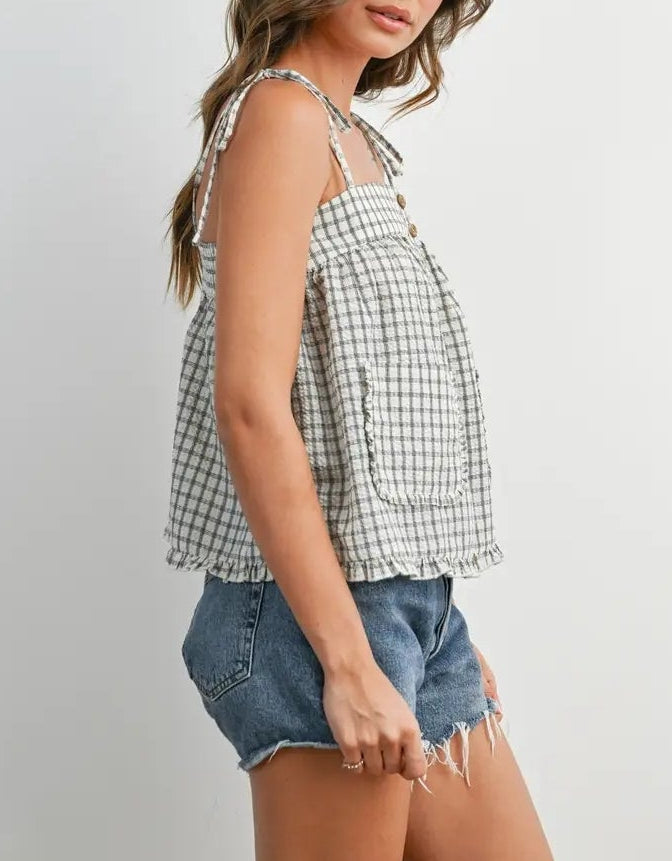 Plaid Tie Shoulder Tank Top