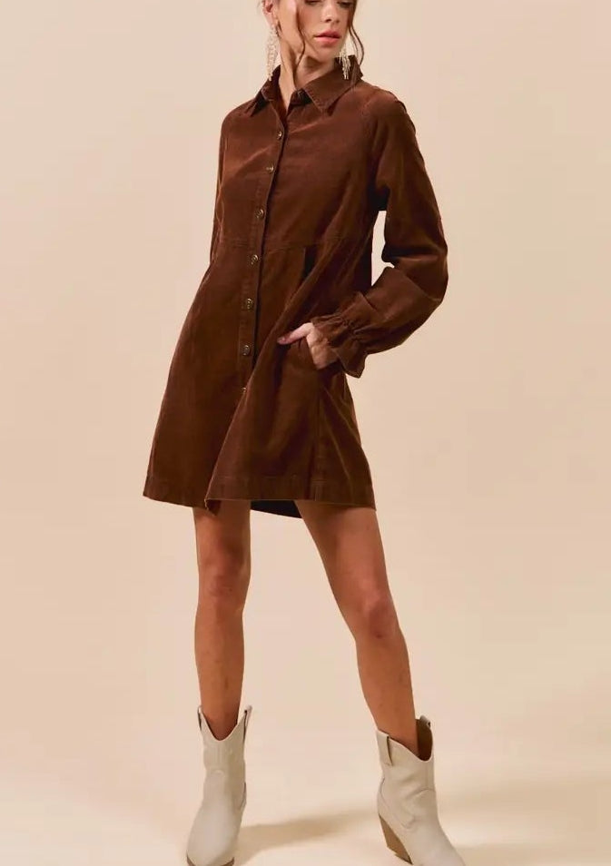 Brown Corduroy Button Down Shirt Mini Dress