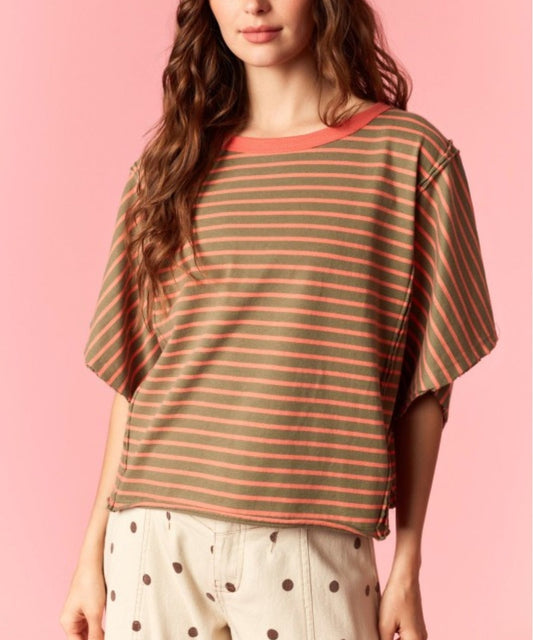 STRIPE ROUND NECK DOLMAN TEE Olive/Coral