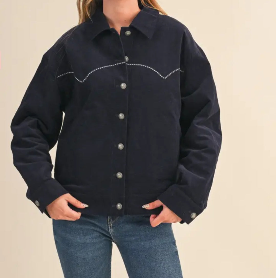 Navy Floral Embroidery Quilted Corduroy Jacket