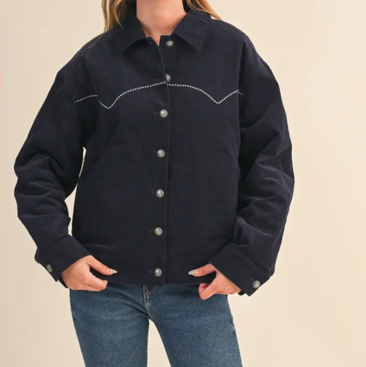 Navy Floral Embroidery Quilted Corduroy Jacket