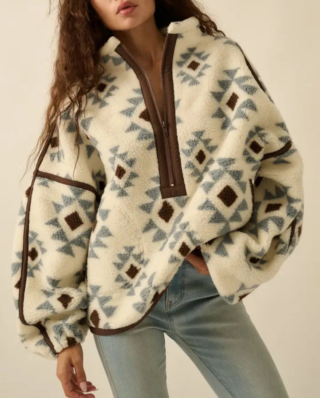 Blue Aztec Sherpa Fleece Half-Zip Pullover