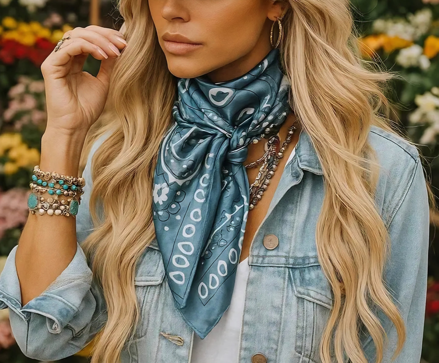 Turquoise and White Floral Paisley Wild Rag / Scarf 35X35"