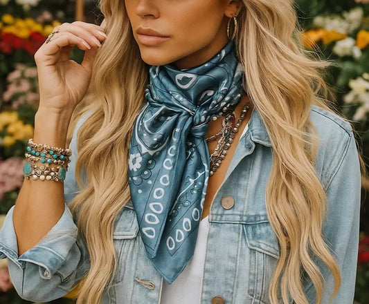 Turquoise and White Floral Paisley Wild Rag / Scarf 35X35"