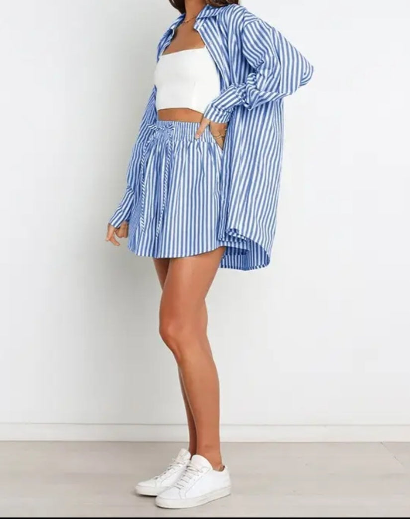 Striped Oversized Shirt and Drawstring Shorts Set