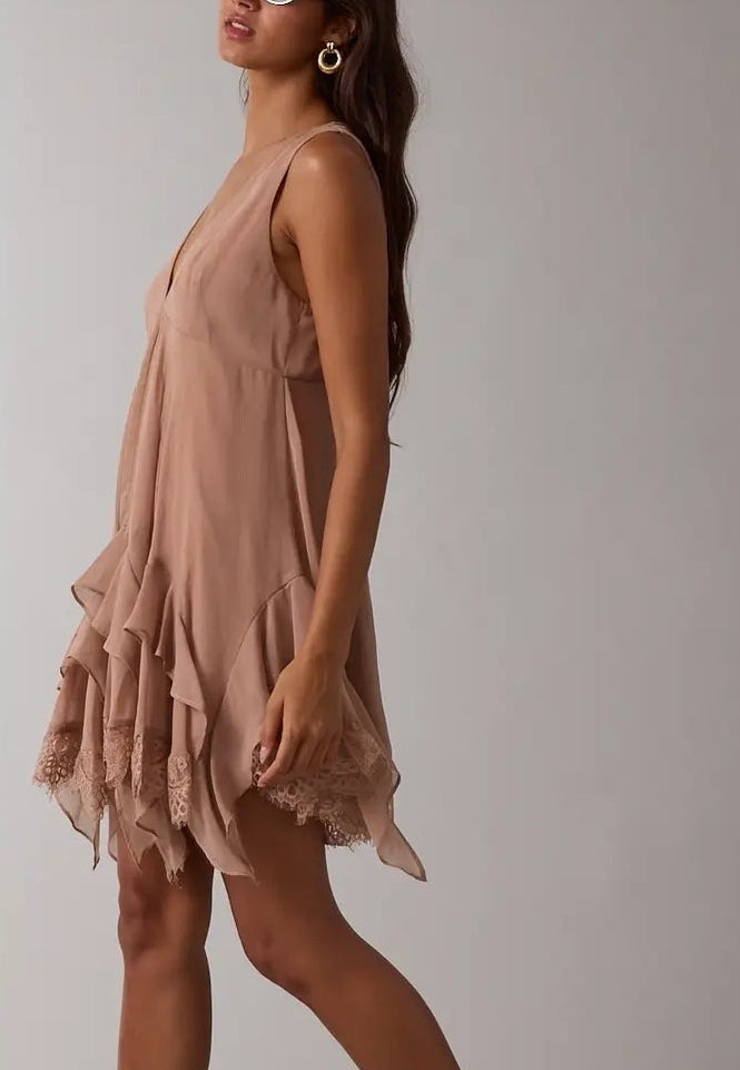 Sheer High-Low Ruffle Lace Down Mini Romper Dress