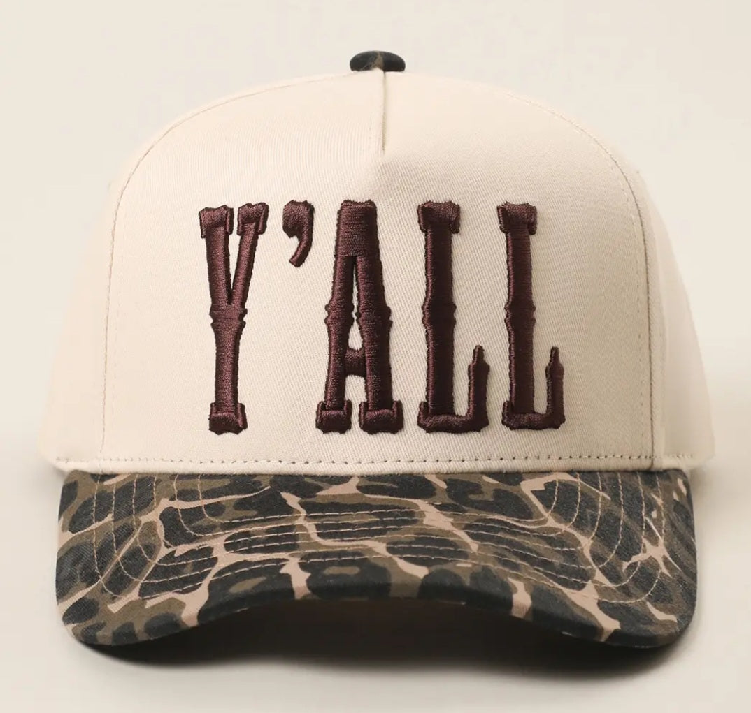 Y'all 3D Embroidered Two Tone Leopard Brim Trucker Hat