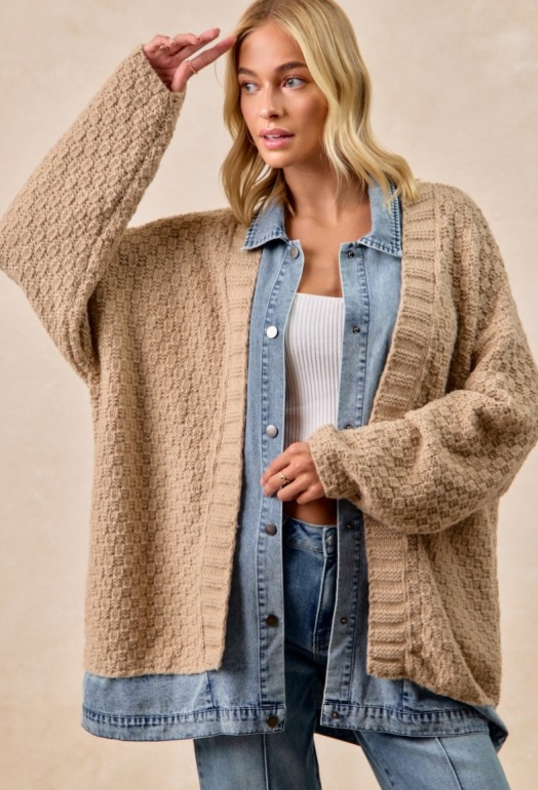 Washed Denim Mix And Match Sweater Cardigan