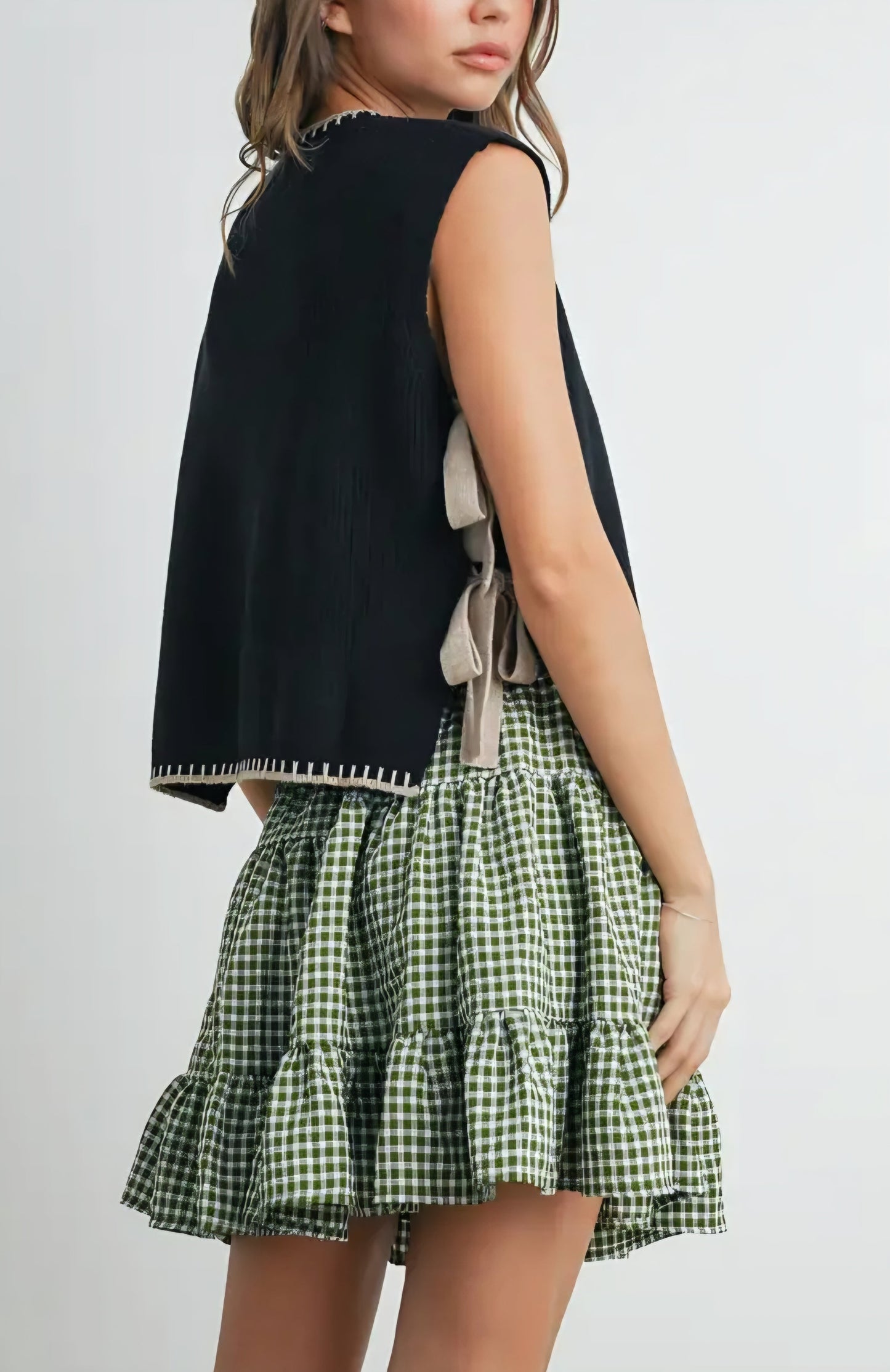 High Waist Tiered Green Check Skirt