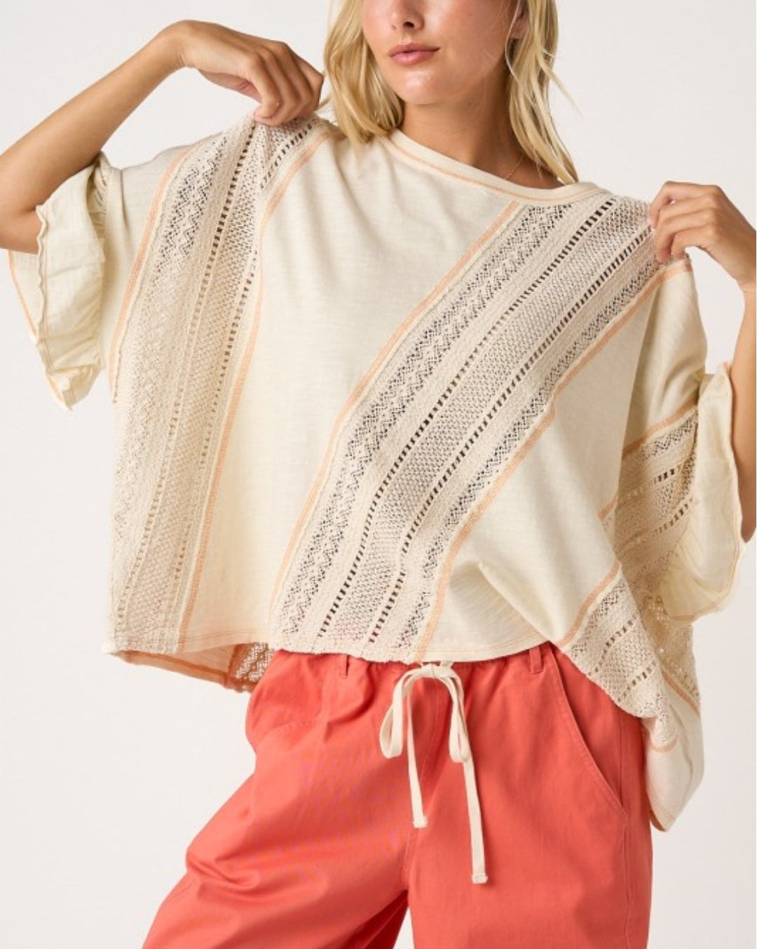 CROCHET CONTRAST STITCH RUFFLE DOLMAN SLEEVE TOP