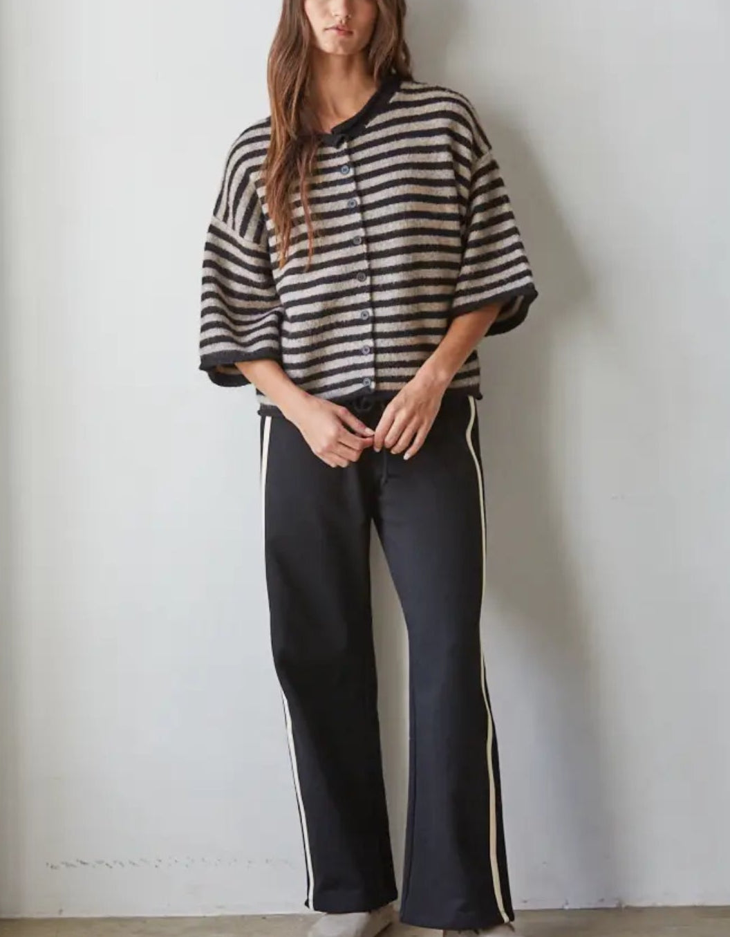 Knit Sweater Striped Short 3/4 Sleeve Cardigan