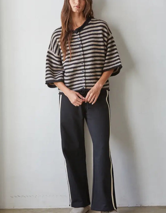 Knit Sweater Striped Short 3/4 Sleeve Cardigan