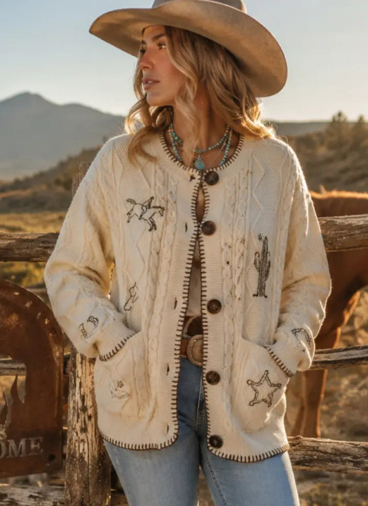Western Ranch Embroidered Cable Knit Cardigan
