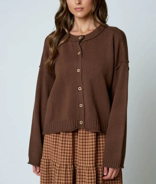 Raw Edge Exposed Seam Button Down Cardigan