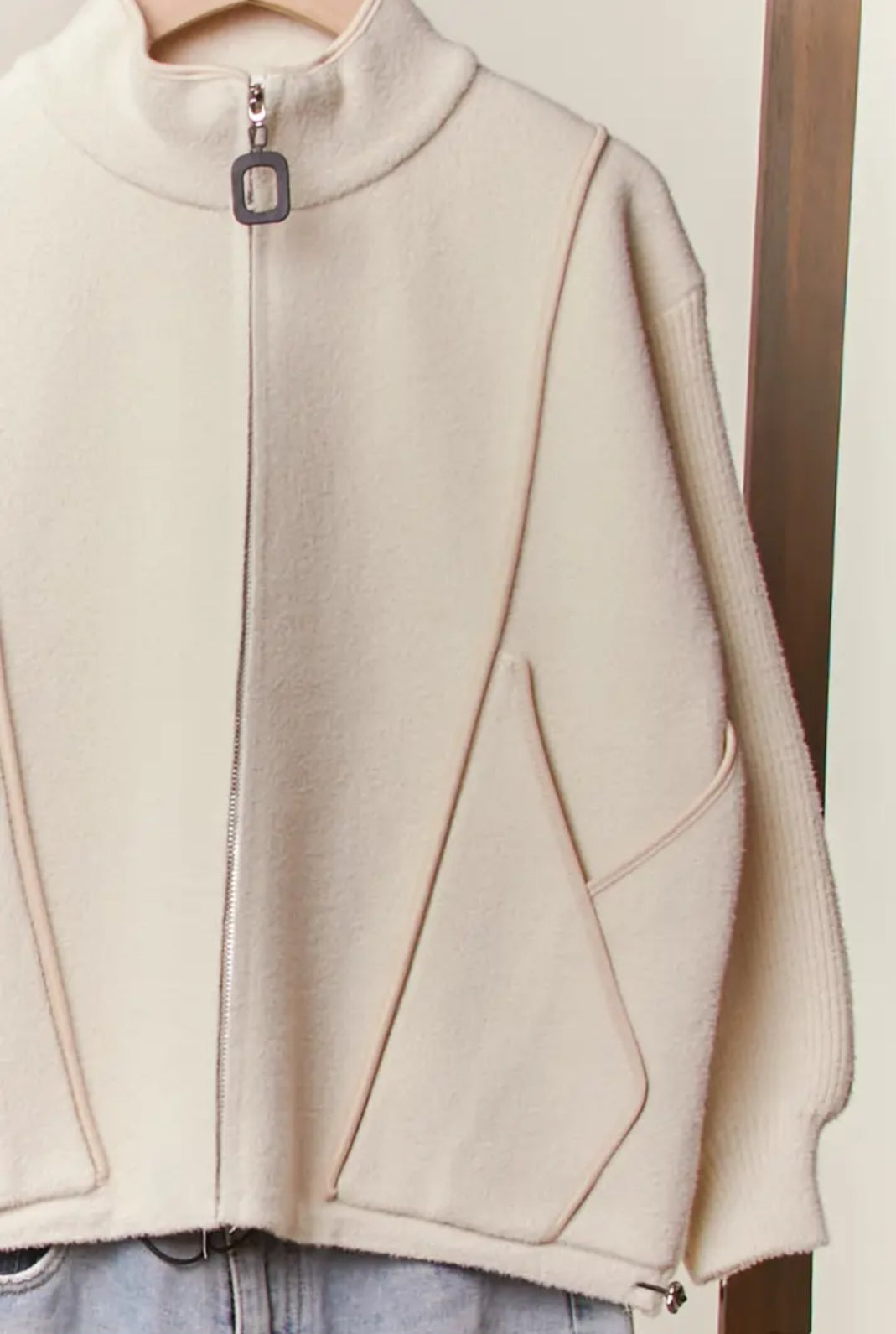 Saddle High Neck Knit Zip Up Jacket