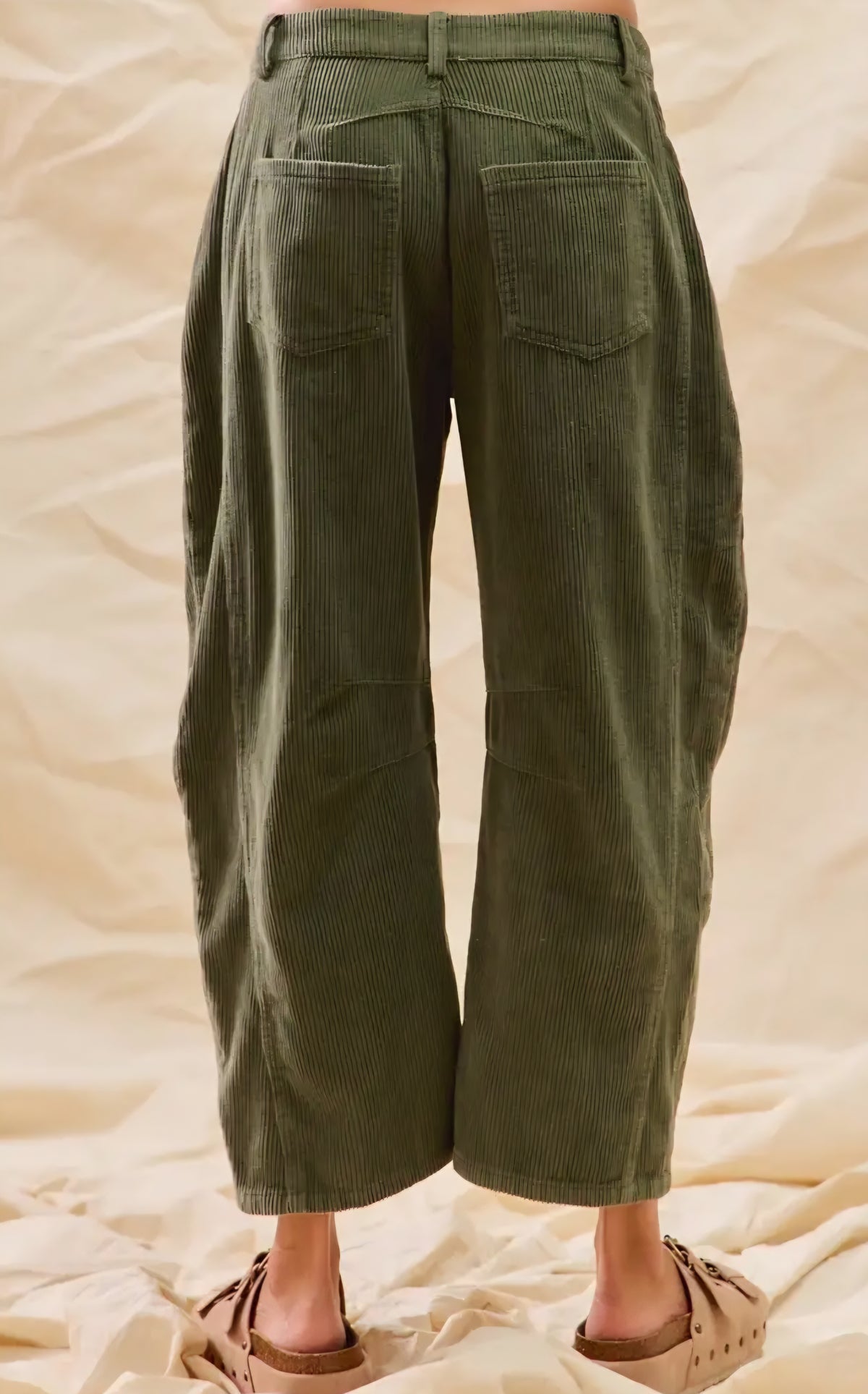 Mid Rise Olive Corduroy
Barrel Pants