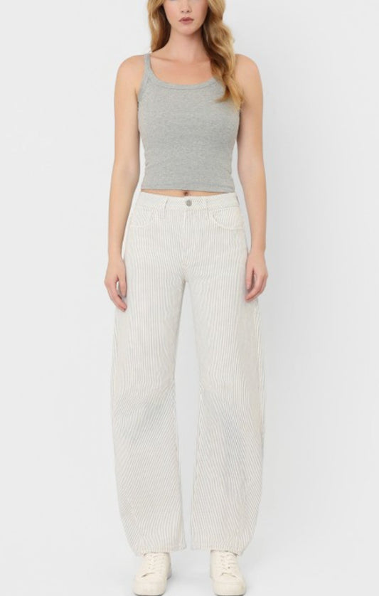 HIGH RISE DART DETAIL STRIPED CROP BARREL JEANS
