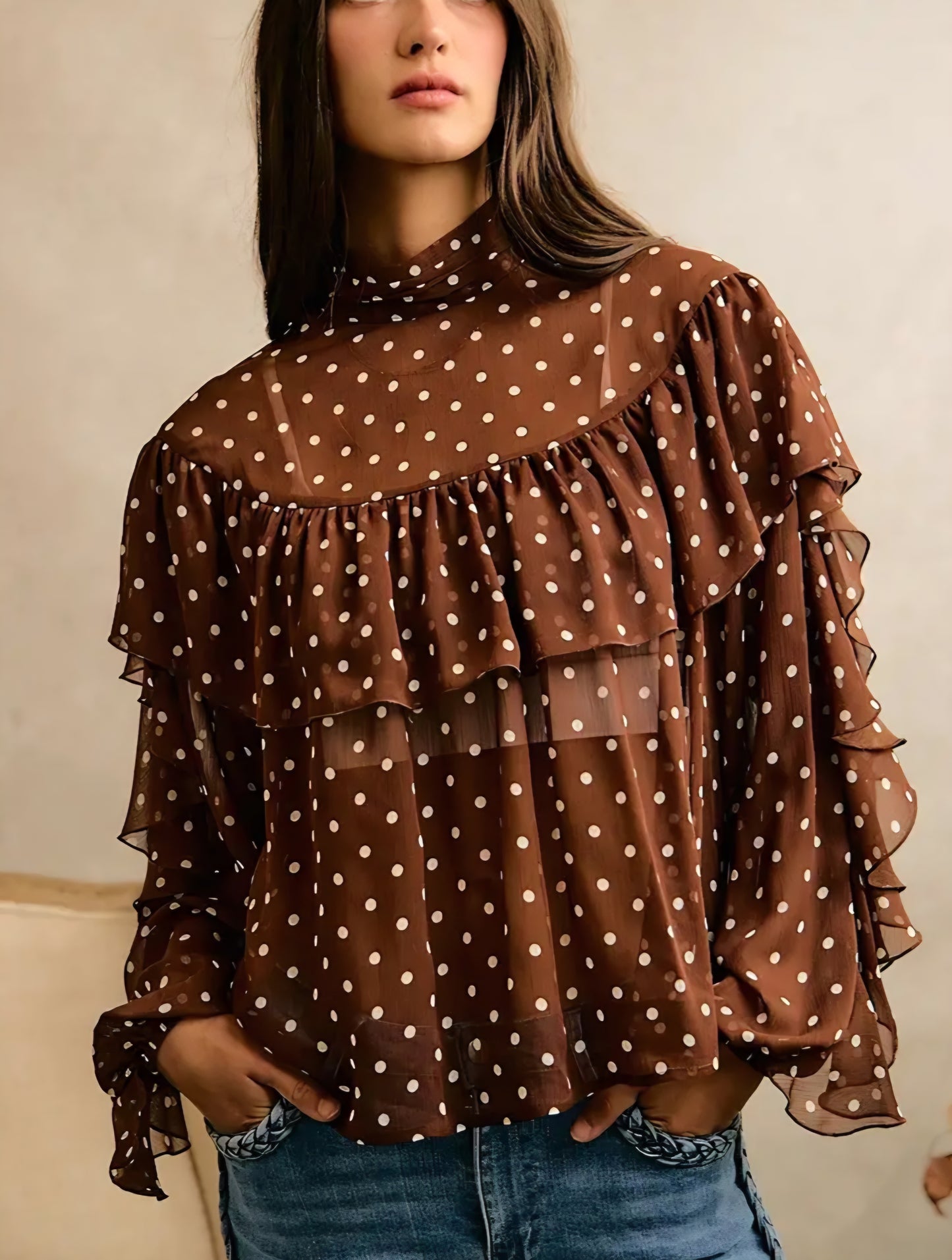 Polka Dot Chiffon Ruffled Tier Long Sleeves Blouse Top