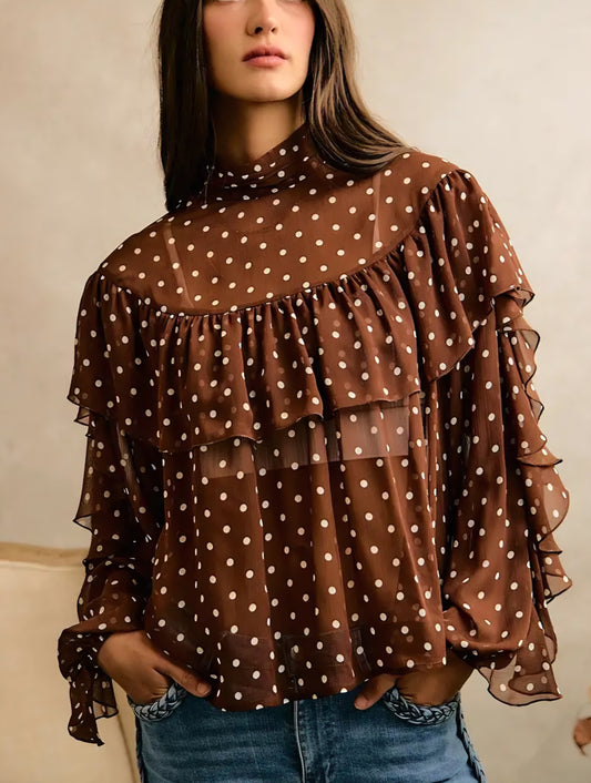 Polka Dot Chiffon Ruffled Tier Long Sleeves Blouse Top
