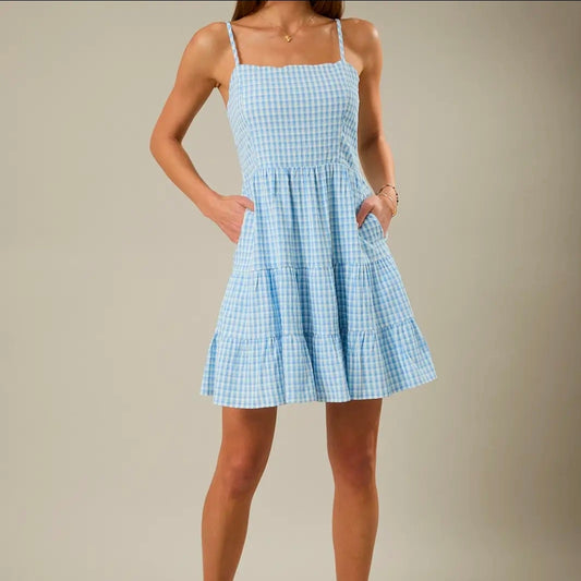Blue Ghingham Shoulder Strap Tiered Mini Dress
