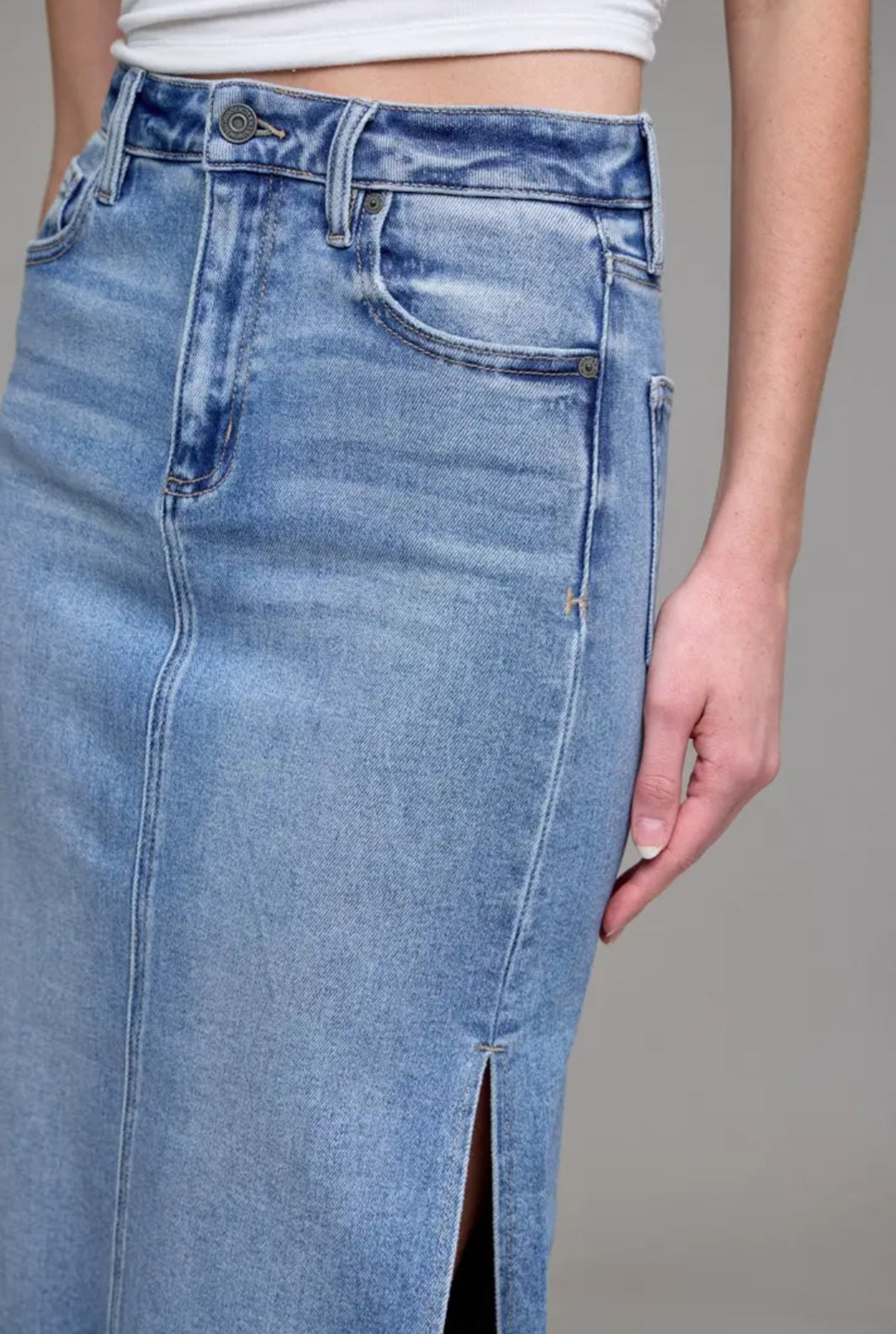 Hidden Jean Medium Length Side Slit Stretch Midi Skirt