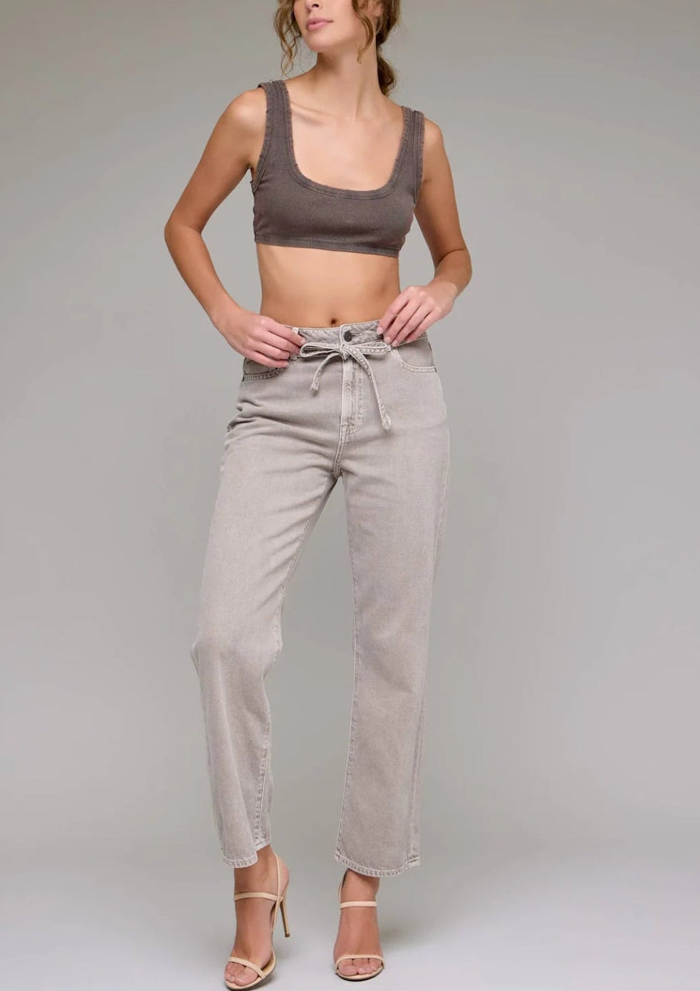 Gravel Wash Tie Waist Straight Leg Hidden Denim