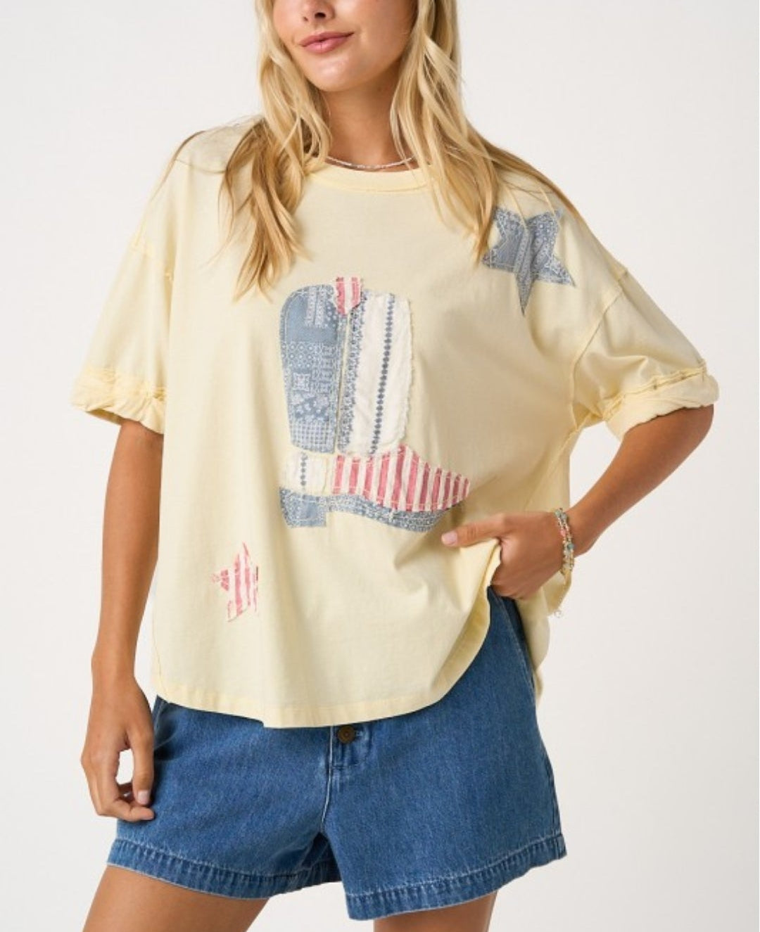COWBOY BOOT PATCHWORK SHORT SLEEVE TOP
