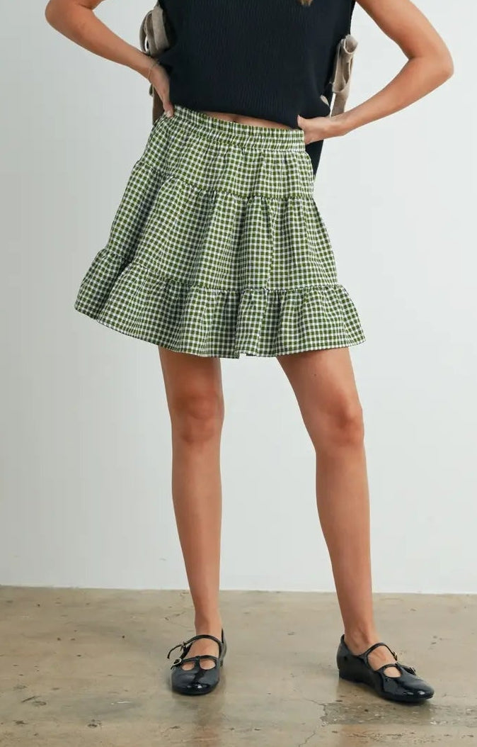 High Waist Tiered Green Check Skirt