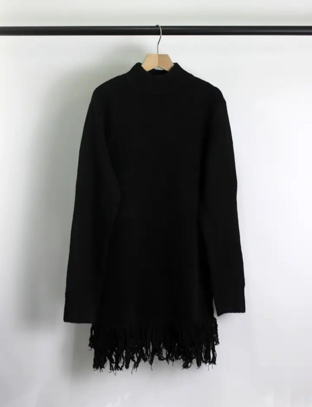 Knit Sweater Dress with Fringed Hem