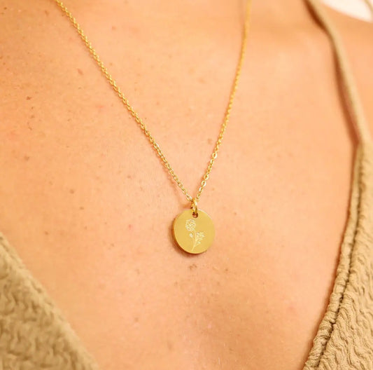 18K Gold Pvd Stainless Steel Birth Flower Charm / March Daffodil with 18K Gold Pvd Chain